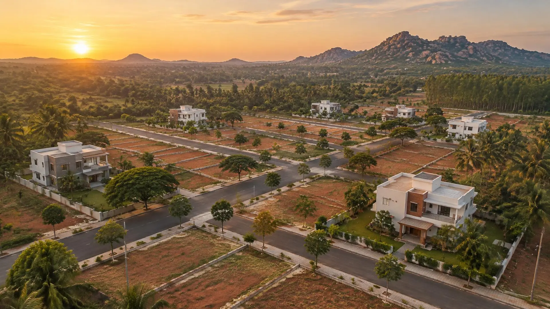 Illustrative aerial view of a planned residential plotted layout on the outskirts of Bengaluru, Karnataka, at sunset — not a JY Developers project